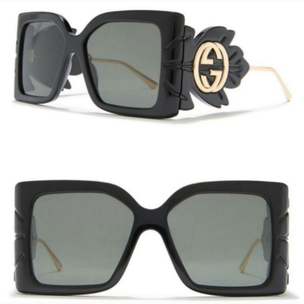 Gucci Black/Gold GG0535S Leaf Motif Oversized Sunglasses Butterfly